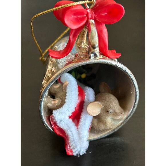 Sleeping Mice In First Christmas Ornament With Red Bow & Santa Hat - Picture 2 of 7